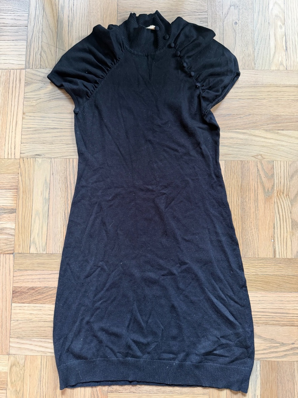 Derek Heart Black Short-Sleeve Ribbed Neck Sweater Dress with Cute Buttons